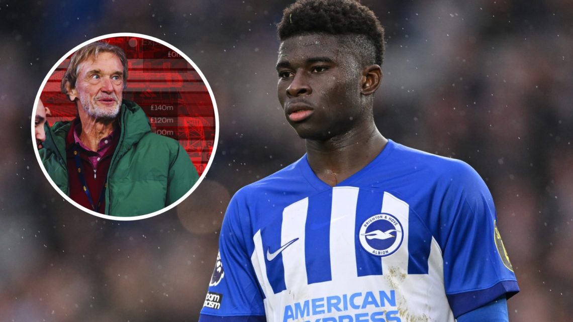 Brighton midfielder Carlos Baleba in action, inset of Manchester United co-owner Sir Jim Ratcliffe.