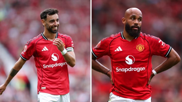 Split image of Manchester United captain Bruno Fernandes and new signing Bryan Mbeumo at Old Trafford.