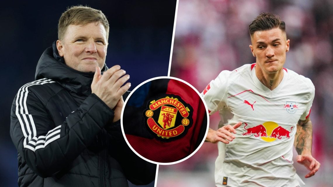 Benjamin Sesko split image with Eddie Howe and Manchester United badge