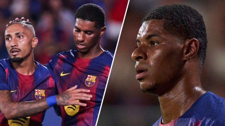 Marcus Rashford playing during the Joan Gamper Trophy match for Barcelona vs Como, inset the Manchester United and England player at the Estadi Joh...