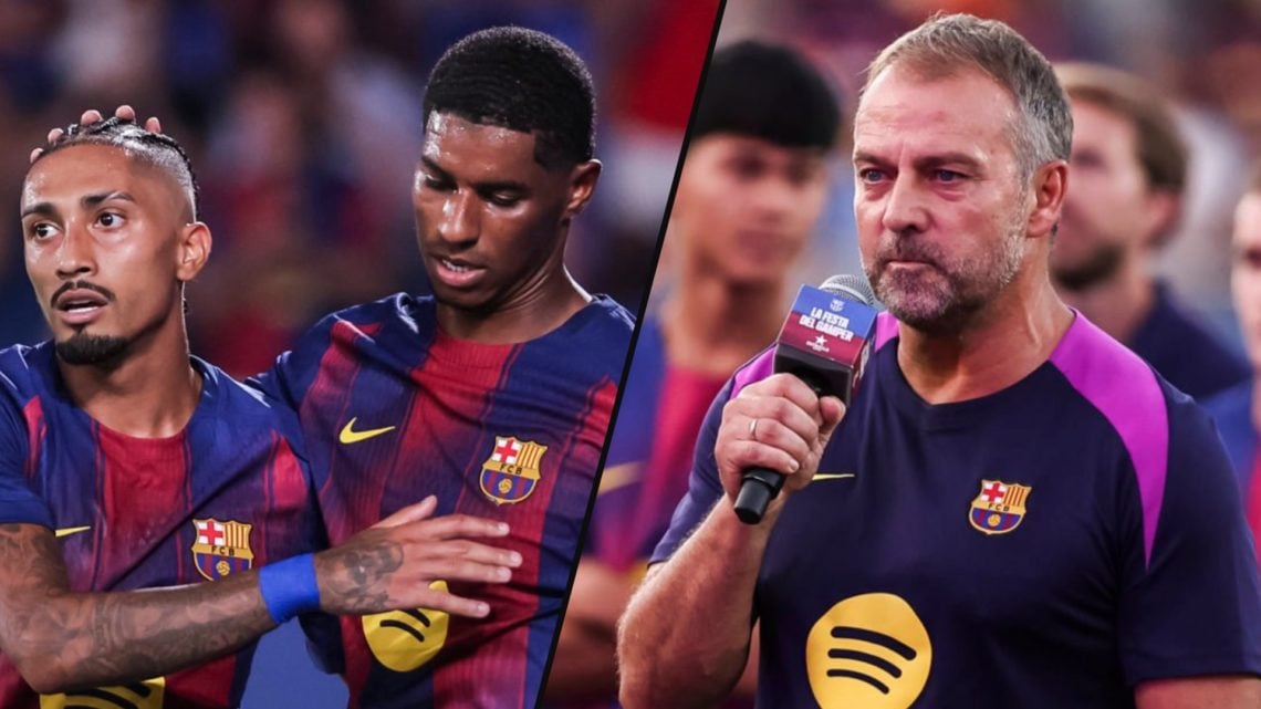 Raphinha and Manchester United loanee Marcus Rashford during the Joan Gamper Trophy match vs Como, inset an image of Barcelona manager Hansi Flick.