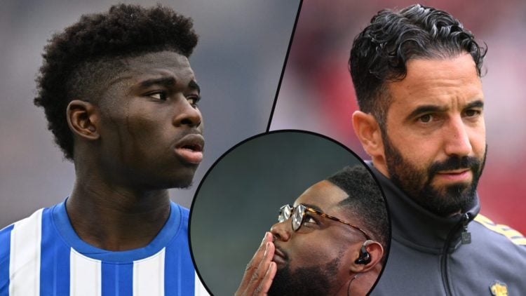 Brighton midfielder Carlos Baleba, inset Manchester United manager Ruben Amorim, inset an overlay of Sky Sports pundit Micah Richards.