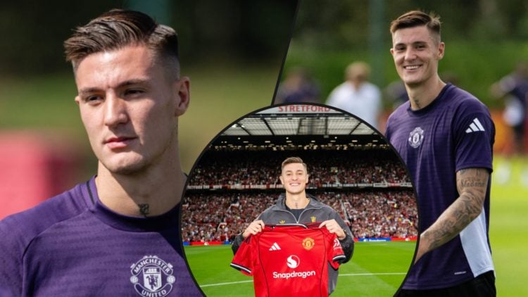 Benjamin Sesko in action at the Carrington training complex, inset Manchester United’s summer signing, inset an overlay of the striker.
