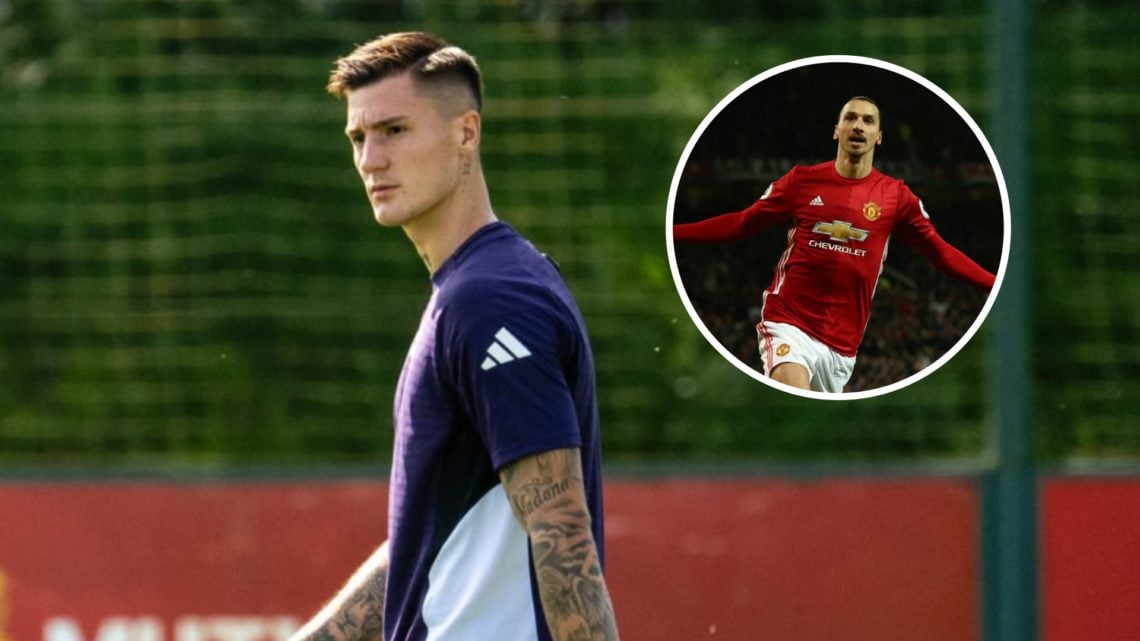 Manchester United signing Benjamin Sesko in training, inset of Zlatan Ibrahimovic celebrating.