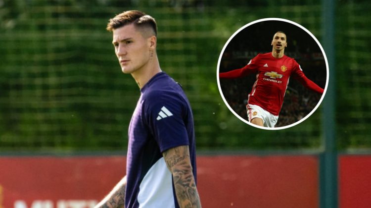 Manchester United signing Benjamin Sesko in training, inset of Zlatan Ibrahimovic celebrating.