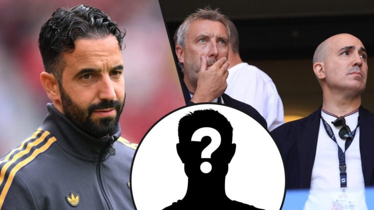 Manchester United manager Ruben Amorim ahead of the Fiorentina match at Old Trafford, inset director of football Jason Wilcox and CEO Omar Berrada.