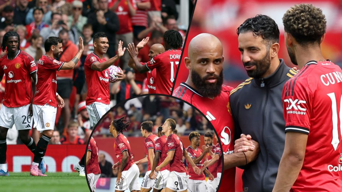 Bryan Mbeumo and Matheus Cunha with Ruben Amorim, inset Manchester United players vs Fiorentina, inset an overlay featuring Rasmus Hojlund.