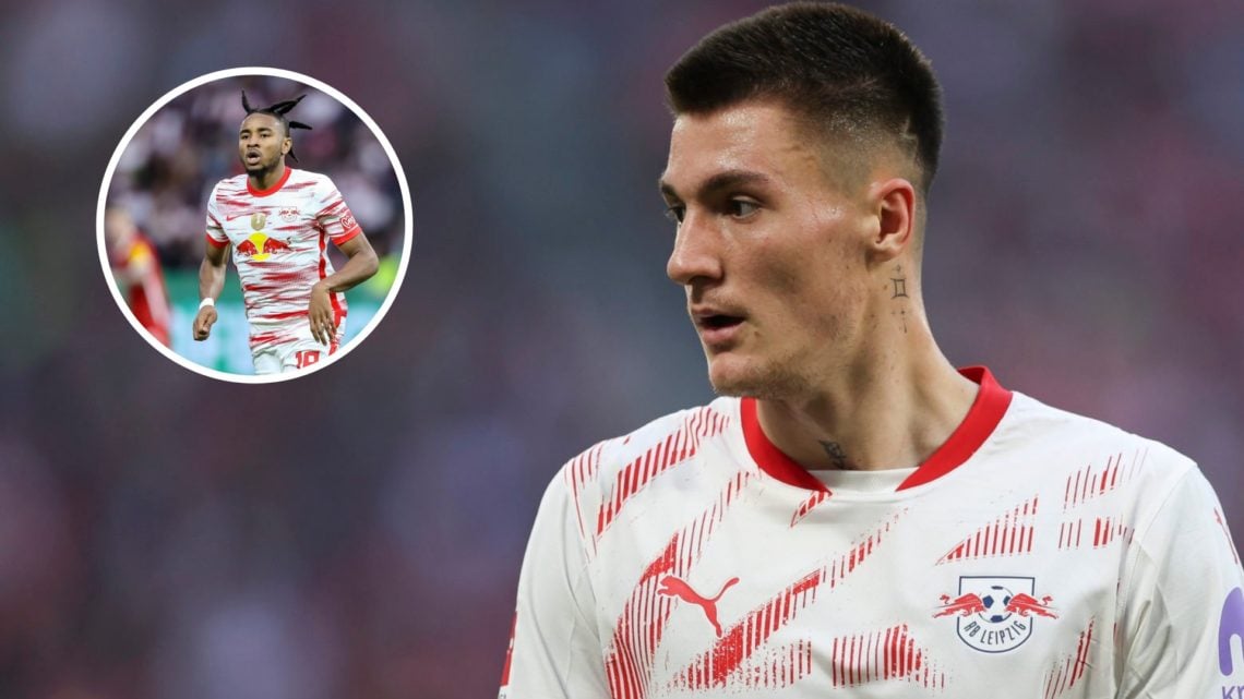 Manchester United forward Benjamin Sesko during his time at RB Leipzig, inset of Christopher Nkunku.