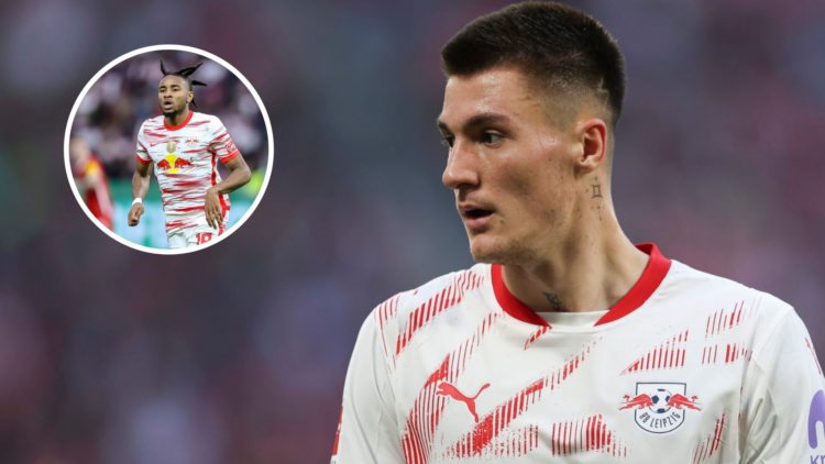 Manchester United forward Benjamin Sesko during his time at RB Leipzig, inset of Christopher Nkunku.