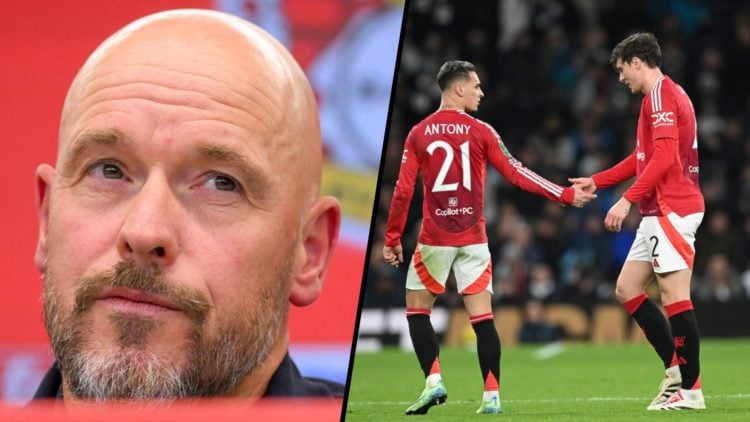 Split image, Erik ten Hag head shot image during press conference for Bayer Leverkusen and Antony with Victor Lindelof for Manchester United.
