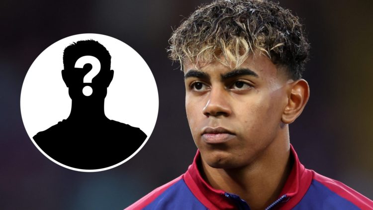 Lamine Yamal straight faced in Barcelona jacket. Inset mystery player icon.