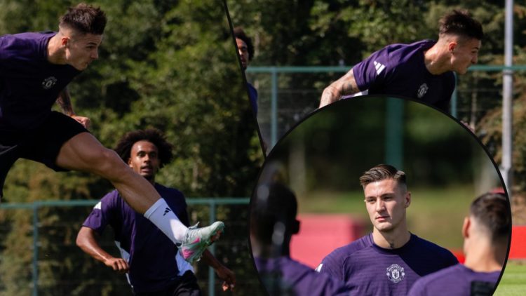 Benjamin Sesko in first-team Manchester United training, inset the striker at the Carrington complex, inset an overlay of the former RB Leipzig ace.