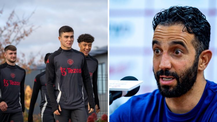Split image of Manchester United academy wonderkid Harry Amass and head coach Ruben Amorim.