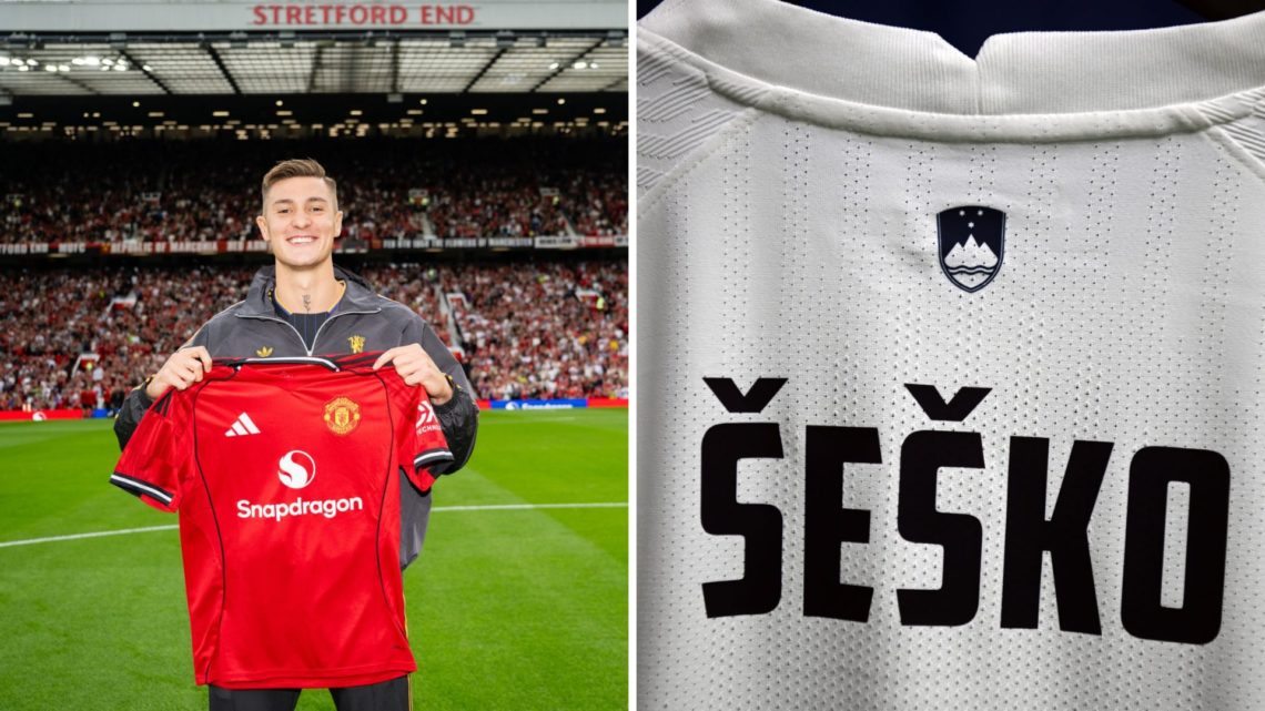 Manchester United signing Benjamin Sesko unveiled at Old Trafford, split image of Sesko's back of shirt.