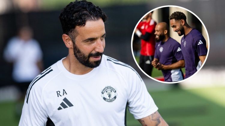 Manchester United manager Ruben Amorim in training, inset of new signings Matheus Cunha and Bryan Mbeumo.