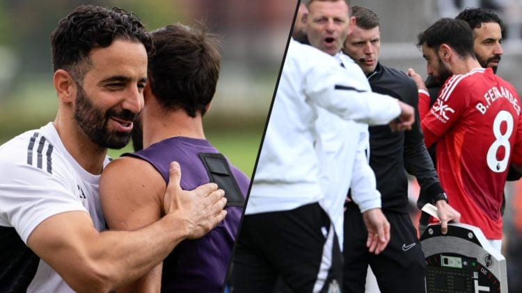 Ruben Amorim and Bruno Fernandes in action during a first-team Manchester United training session, inset an image of the Red Devils manager and cap...