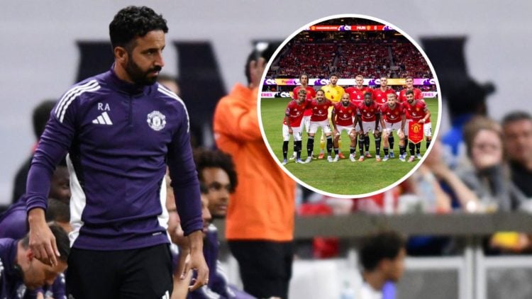 Manchester United head coach Ruben Amorim on the touchline, inset of squad facing Everton in pre-season.
