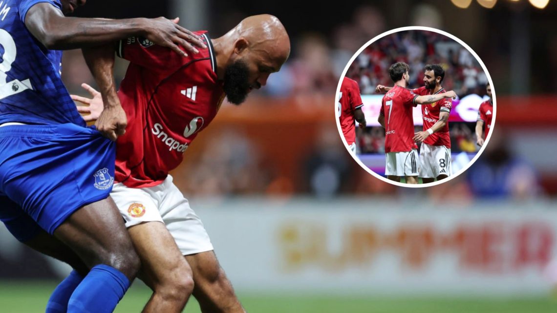 Manchester United signing Bryan Mbeumo making his debut, inset of Bruno Fernandes and Mason Mount celebrating.