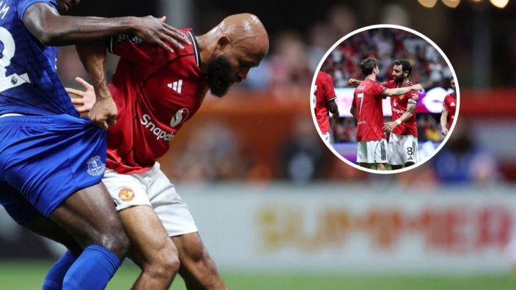 Manchester United signing Bryan Mbeumo making his debut, inset of Bruno Fernandes and Mason Mount celebrating.