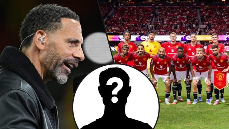 Players of Manchester United pose for a team photo prior ahead of the Everton match, inset a photo of TV pundit Rio Ferdinand.