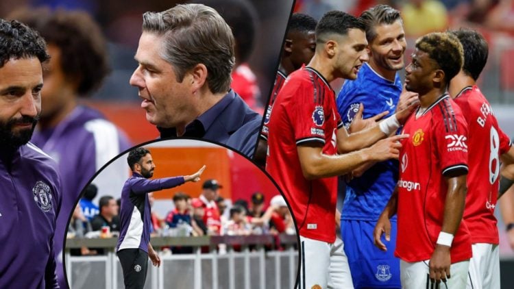 Ruben Amorim shakes hands with Premier League CEO Richard Masters, inset Manchester United players vs Everton, inset an overlay of the manager.