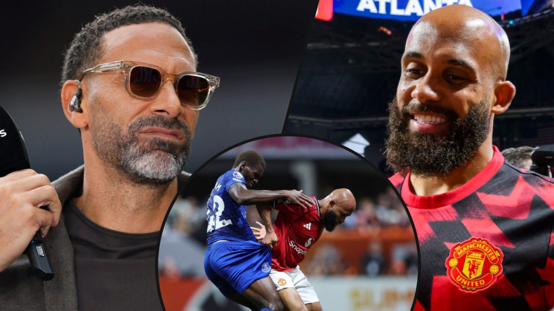 Former TNT Sports pundit Rio Ferdinand, inset an image of ex-Brentford star Bryan Mbeumo, inset the Manchester United signing vs Everton.