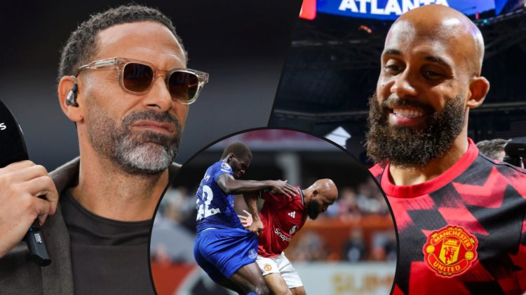 Former TNT Sports pundit Rio Ferdinand, inset an image of ex-Brentford star Bryan Mbeumo, inset the Manchester United signing vs Everton.