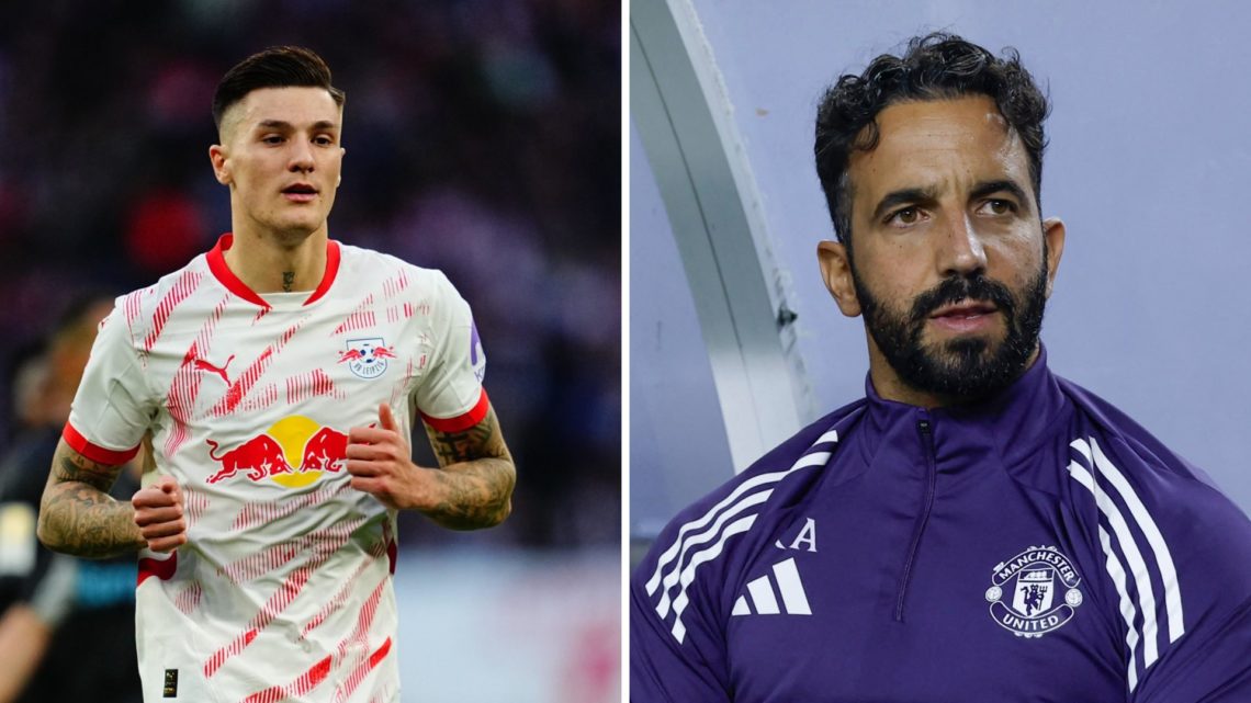 Split image of RB Leipzig striker Benjamin Sesko and Manchester United head coach Ruben Amorim.