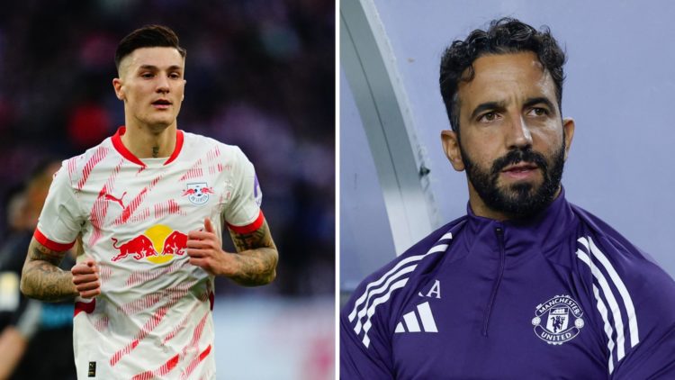 Split image of RB Leipzig striker Benjamin Sesko and Manchester United head coach Ruben Amorim.