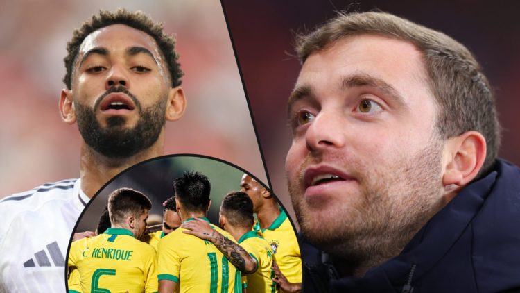 Journalist Fabrizio Romano during a Champions League match, inset Manchester United star Matheus Cunha, inset an overlay of Brazil players.