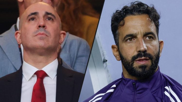 Manchester United chief executive officer Omar Berrada ahead of the Europa League final vs Tottenham Hotspur, inset a photo of Ruben Amorim.