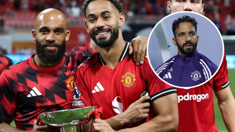 Manchester United duo Bryan Mbeumo and Matheus Cunha pose with the Premier League Summer Series trophy, inset of Ruben Amorim.