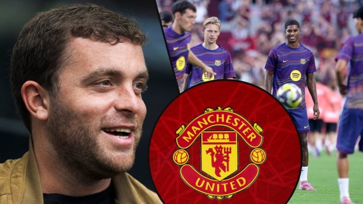 Journalist Fabrizio Romano at the match between Inter Milan and Roma, inset Marcus Rashford at Barcelona, inset an overlay of the Manchester United...
