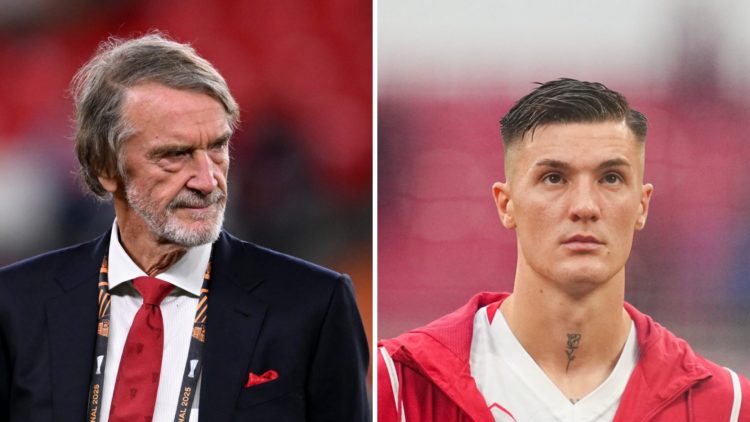 Manchester United co-owner Sir Jim Ratcliffe, split image with RB Leipzig forward Benjamin Sesko.