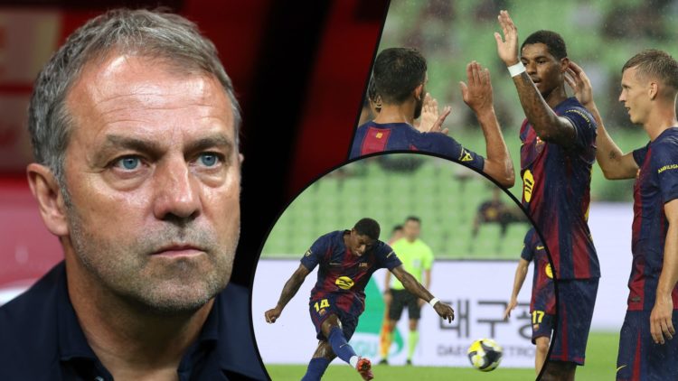 Marcus Rashford celebrates for Barcelona vs Daegu FC, inset a photo of Hansi Flick, inset an overlay of the Manchester United and England player.