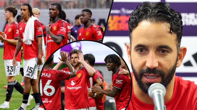 Leny Yoro after the Everton match, inset Ruben Amorim, inset an overlay of Manchester United players during a Premier League Summer Series tie.