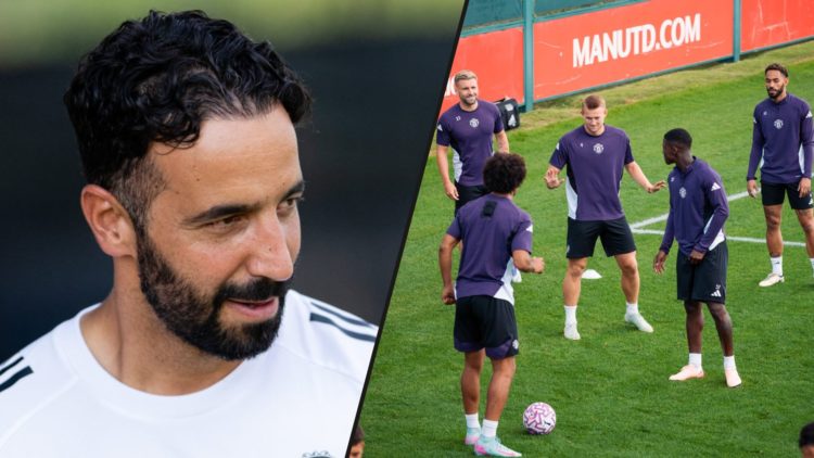 Manchester United manager Ruben Amorim in a first-team training session, inset a photo of Manchester United players training.