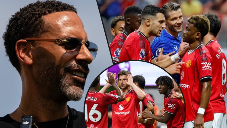 TV pundit Rio Ferdinand in Chicago, inset Manchester United players vs Everton, inset an overlay featuring Mason Mount in a pre-season match.