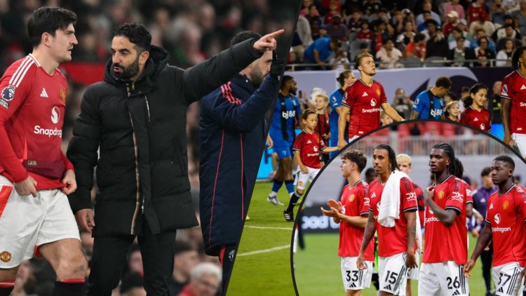 Ruben Amorim with Harry Maguire, inset Manchester United players walking out, inset an overlay of Red Devils stars after the Everton match.