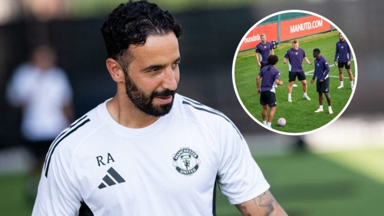 Manchester United head coach Ruben Amorim leads pre-season training, inset of players on the training pitch.