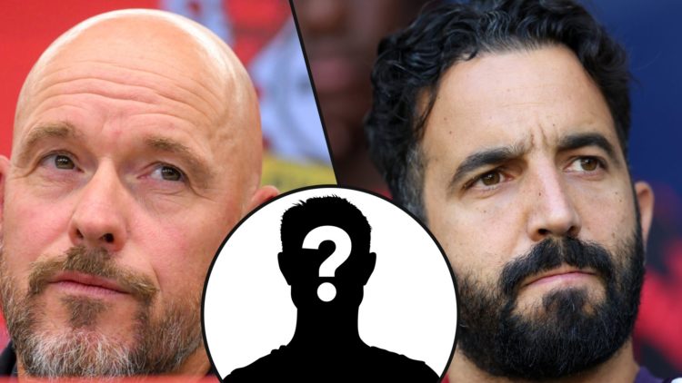 Erik ten Hag as the Bayer Leverkusen manager at a press conference, inset a photo of Manchester United head coach Ruben Amorim.