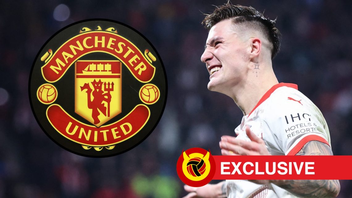 Benjamin Sesko celebrating goal for RB Leipzig with Manchester United badge inset. Overlaid UIF logo and exclusives banner.