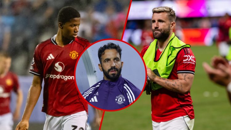Chido Obi and Luke Shaw split image, Ruben Amorim inset