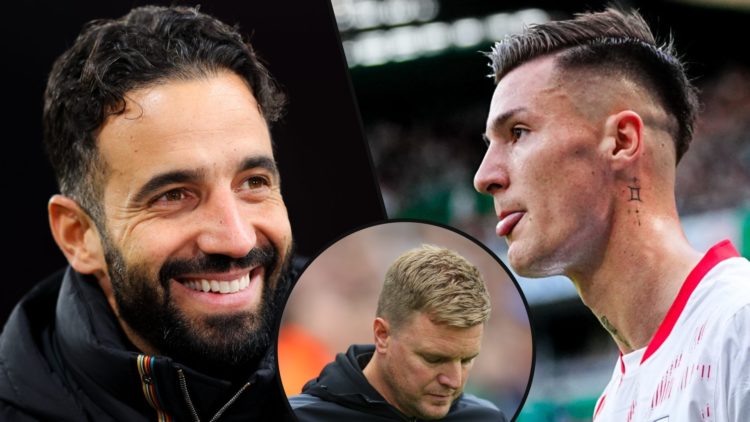 RB Leipzig striker Benjamin Sesko, inset Manchester United manager Ruben Amorim, inset Newcastle head coach Eddie Howe.