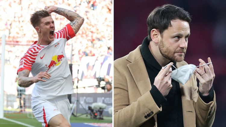 Split image of RB Leipzig forward Benjamin Sesko and Manchester United chief Christopher Vivell.
