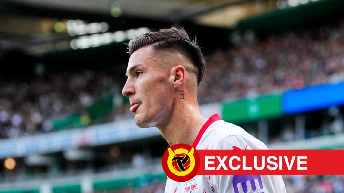 Benjamin Sesko with tongue out during RB Leipzig match. Overlaid UIF logo and exclusive banner.