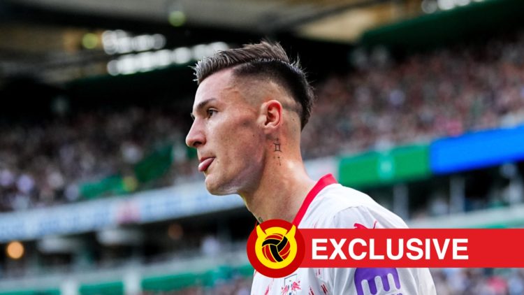 Benjamin Sesko with tongue out during RB Leipzig match. Overlaid UIF logo and exclusive banner.