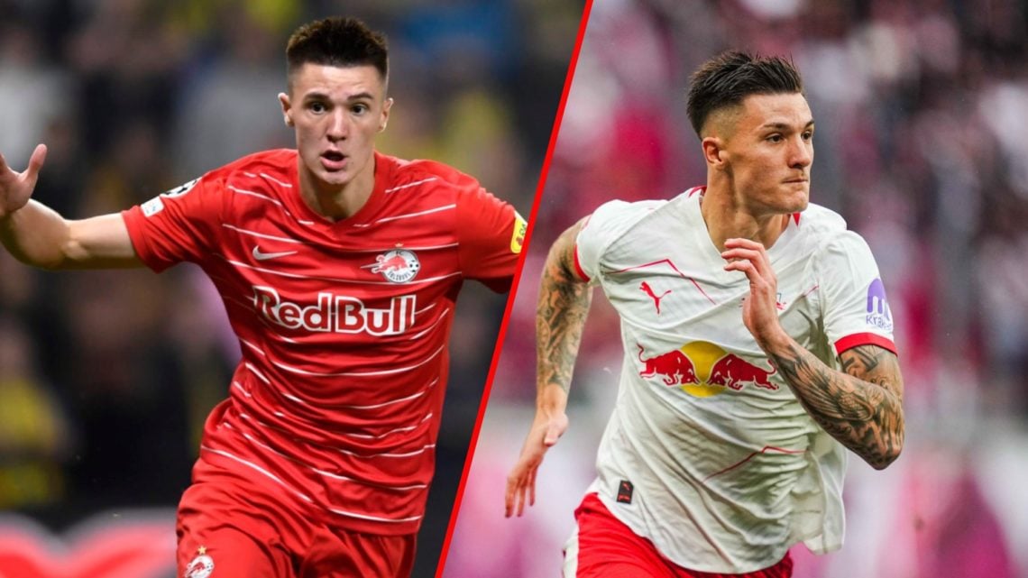 Benjamin Sesko, playing for Salzburg and Leipzig - split image