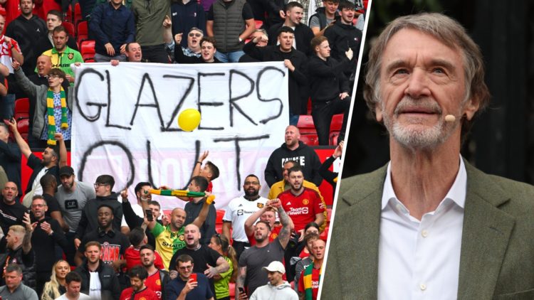 Sir Jim Ratcliffe split image with Glazers Out banner