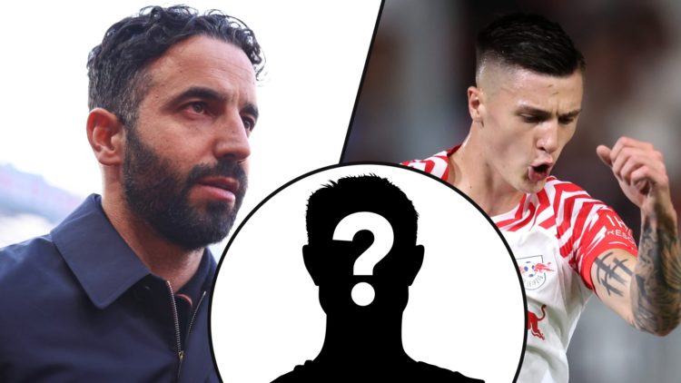 Benjamin Sesko playing vs SV Wehen Wiesbaden for RB Leipzig, inset a photo of Manchester United manager Ruben Amorim.